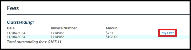 Screenshot of Fee Summary with button to "Pay Fees"