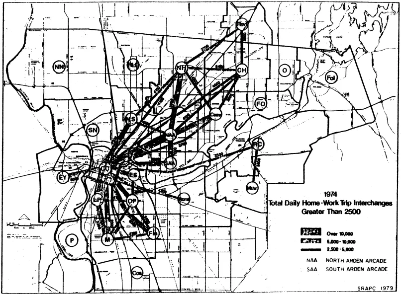 A map depicting the total daily home or work trips for Arden Arcade in 1974.
