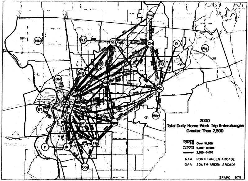 A map depicting the total daily home or work trips for Arden Arcade in 2000.