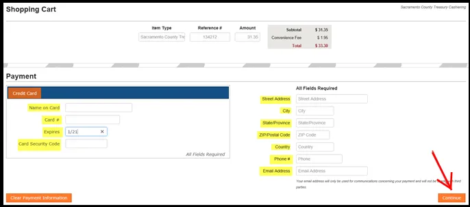 Screenshot showing required fields and "Continue" button