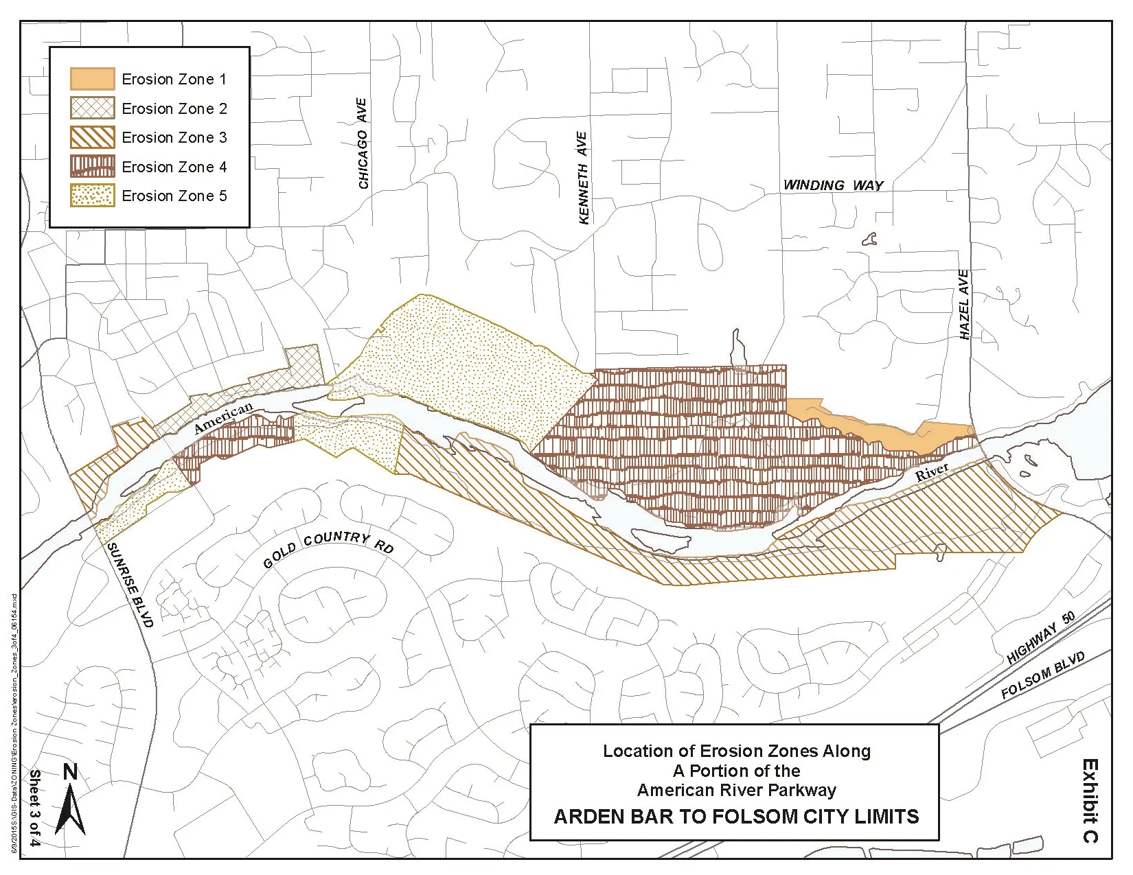 Map of Erosion Zones from Sunrise Boulevard to Hazel Avenue