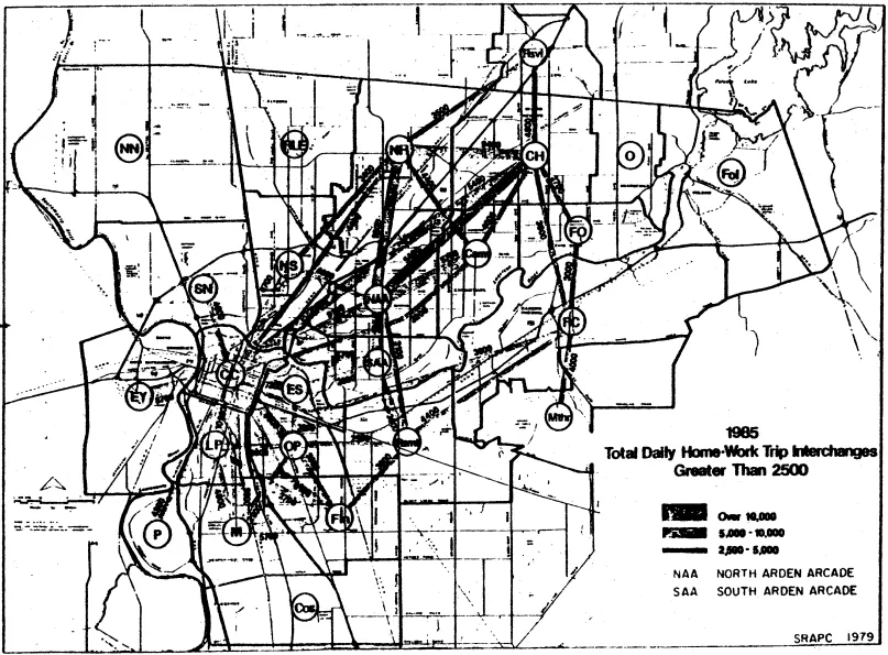 A map depicting the total daily home or work trips for Arden Arcade in 1985.