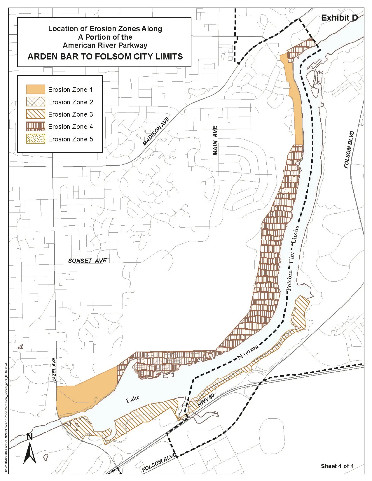 Map of Erosion Zones from Hazel Avenue to Folsom City Limits