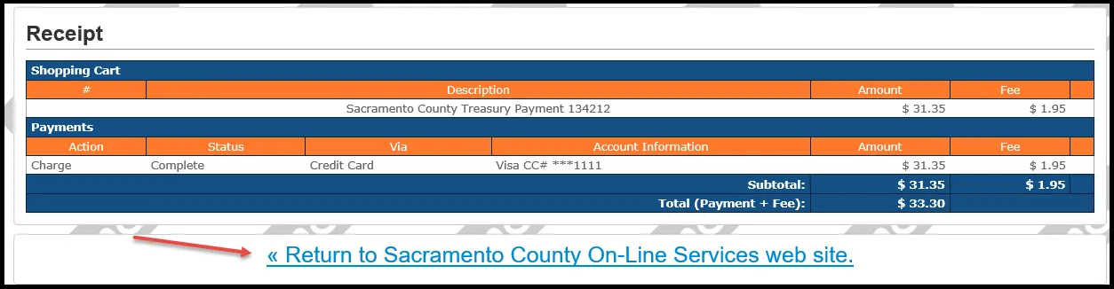 Screenshot point at link to return to the County web site