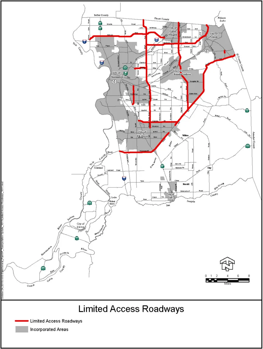 A map that shows the Limited Access Roadways throughout Sacramento County.