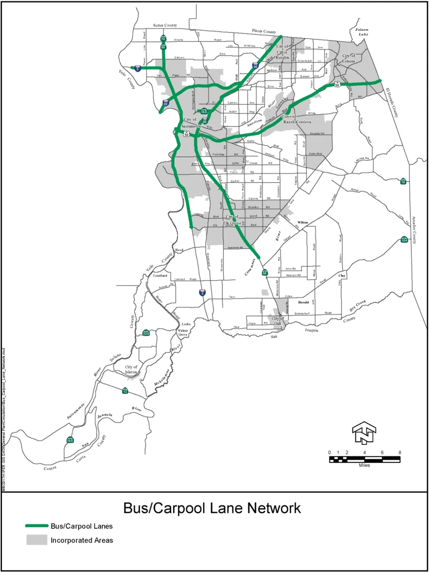 A map that shows the Bus/Carpool Lane network throughout Sacramento County.