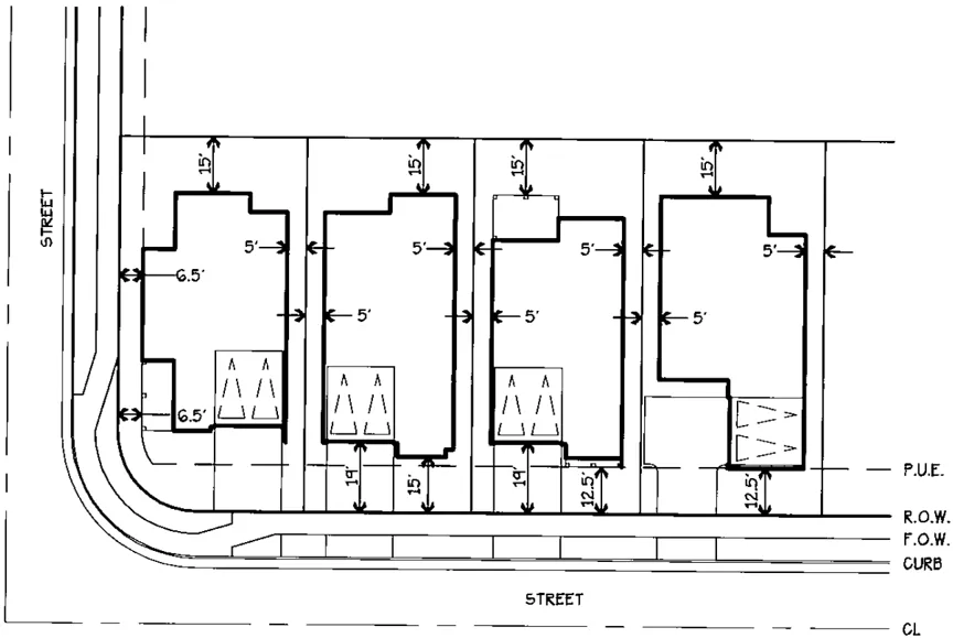 Diagram of single-family homes with reduced setbacks and rear yards.