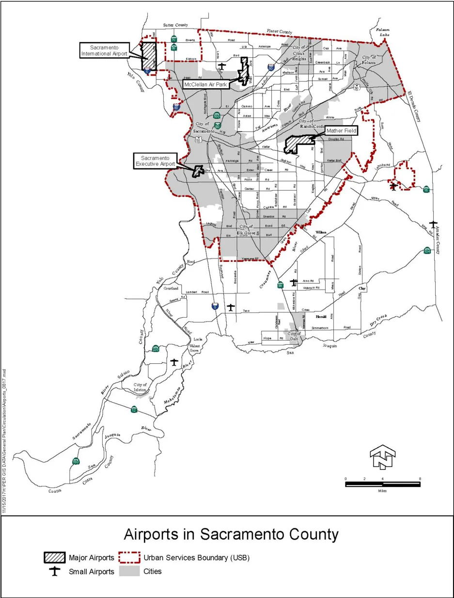 A map depicting the locations of airports throughout Sacramento County, including Sacramento International Airport, McClellan Air Park, Mather Field, and Sacramento Executive Airport.
