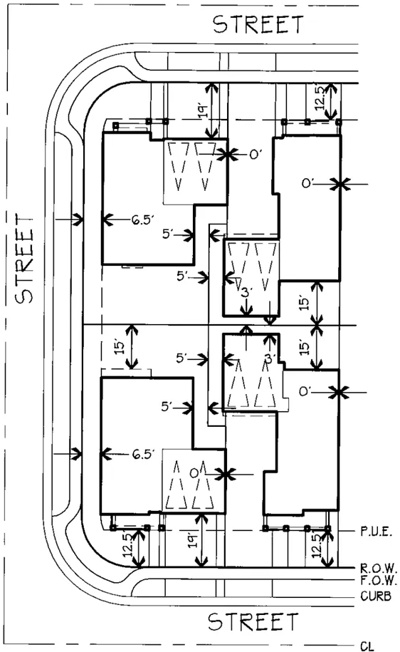Diagram of a potential zip lot/zero-lot line development with single-familyd detached homes.