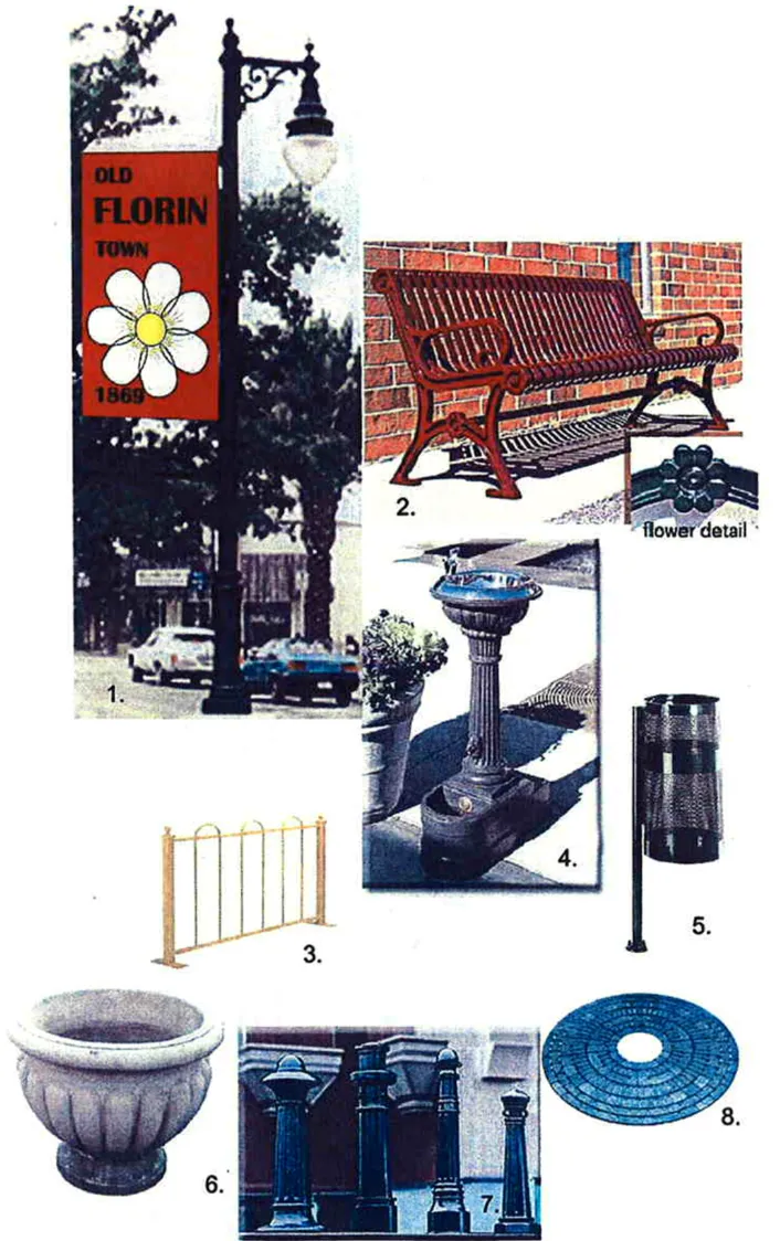 Pictures of suggested street furniture and fixtures.
