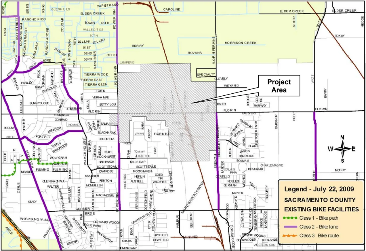 A map showing the existing bike facilities around the project area.