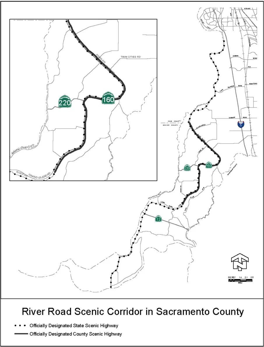 A map depicting the River Road Scenic Corridor in Sacramento County.