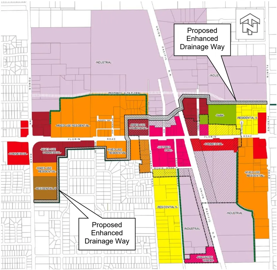 A map depicting the proposed enhanced drainage way within the project site.