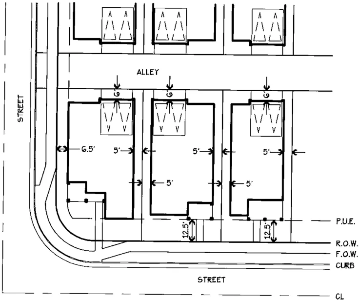 Diagram of potential cottage court housing with homes that have rear loading garages facing an alleyway.