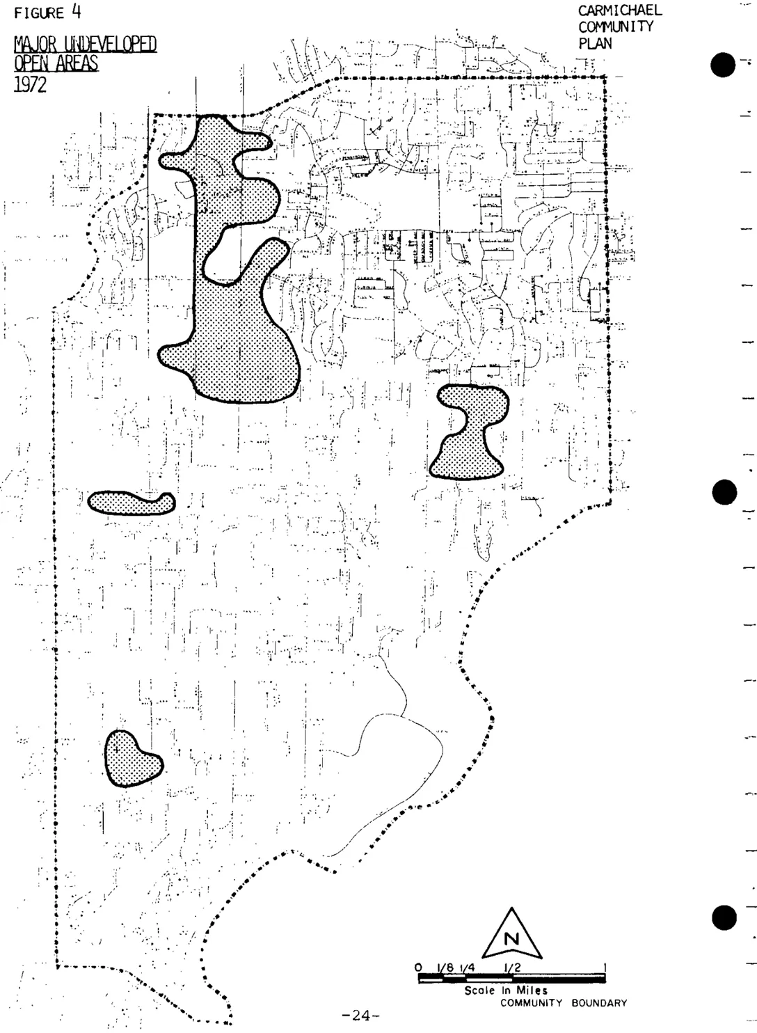 A map of depicting all of the major undeveloped open areas in Carmichael.