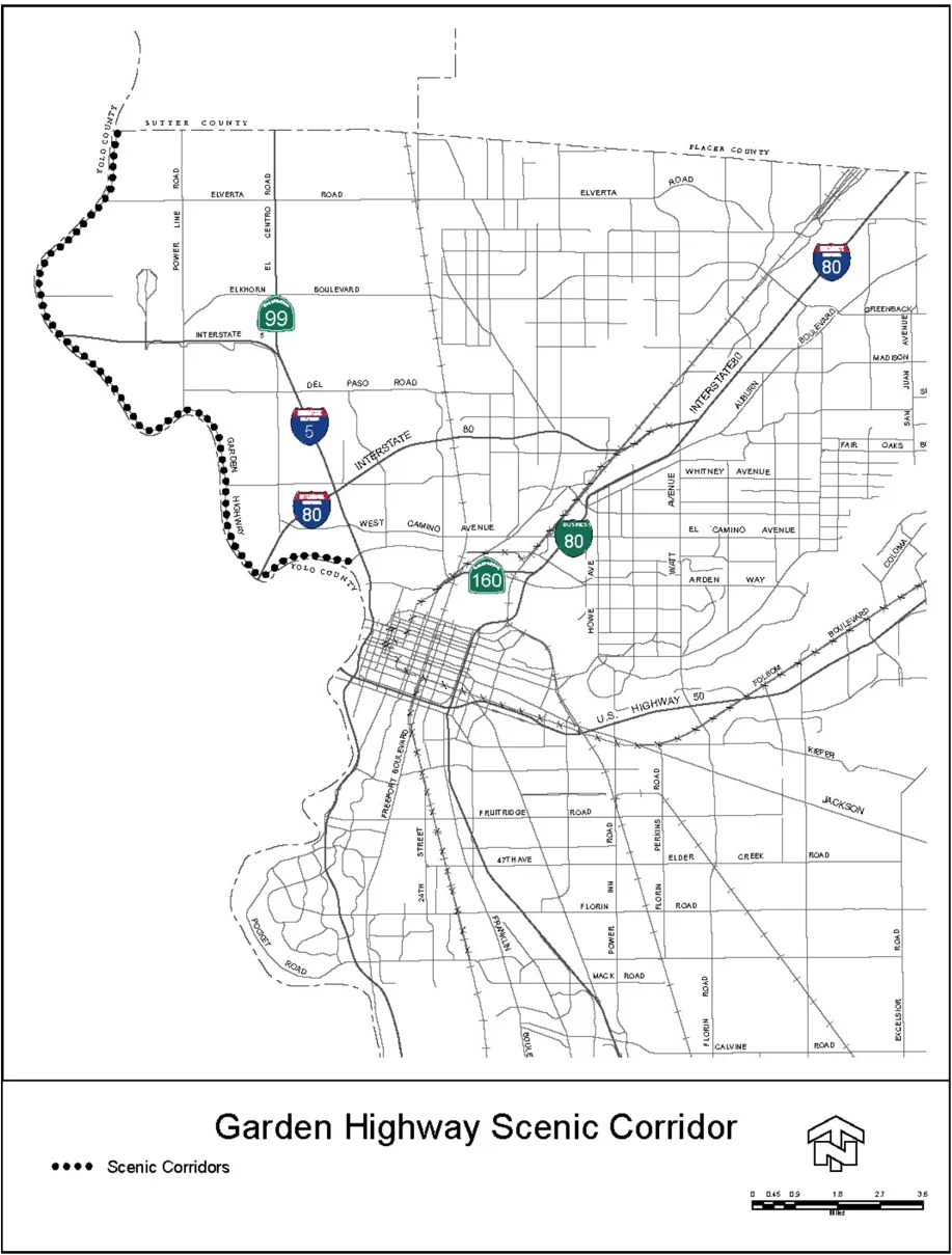 A map depicting the Garden Highway Scenic Corridor in Sacramento County.