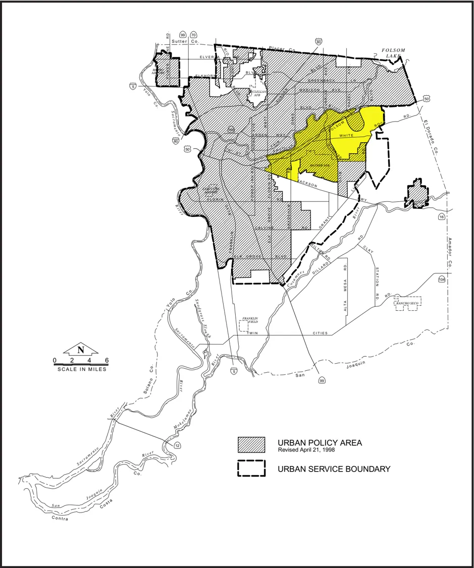 A map depicitng the Urban Service Boundary and Urban Policy Area wihtin Sacramento County
