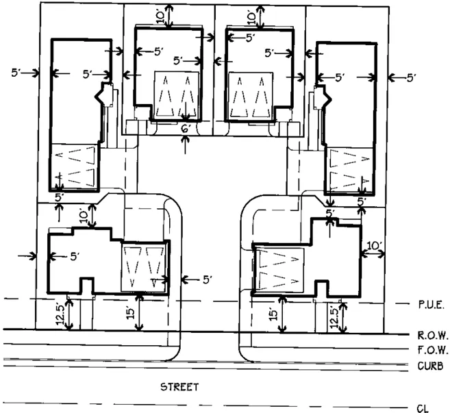 Diagram of potential autocourt housing with several homes facing a T-shaped driveway.