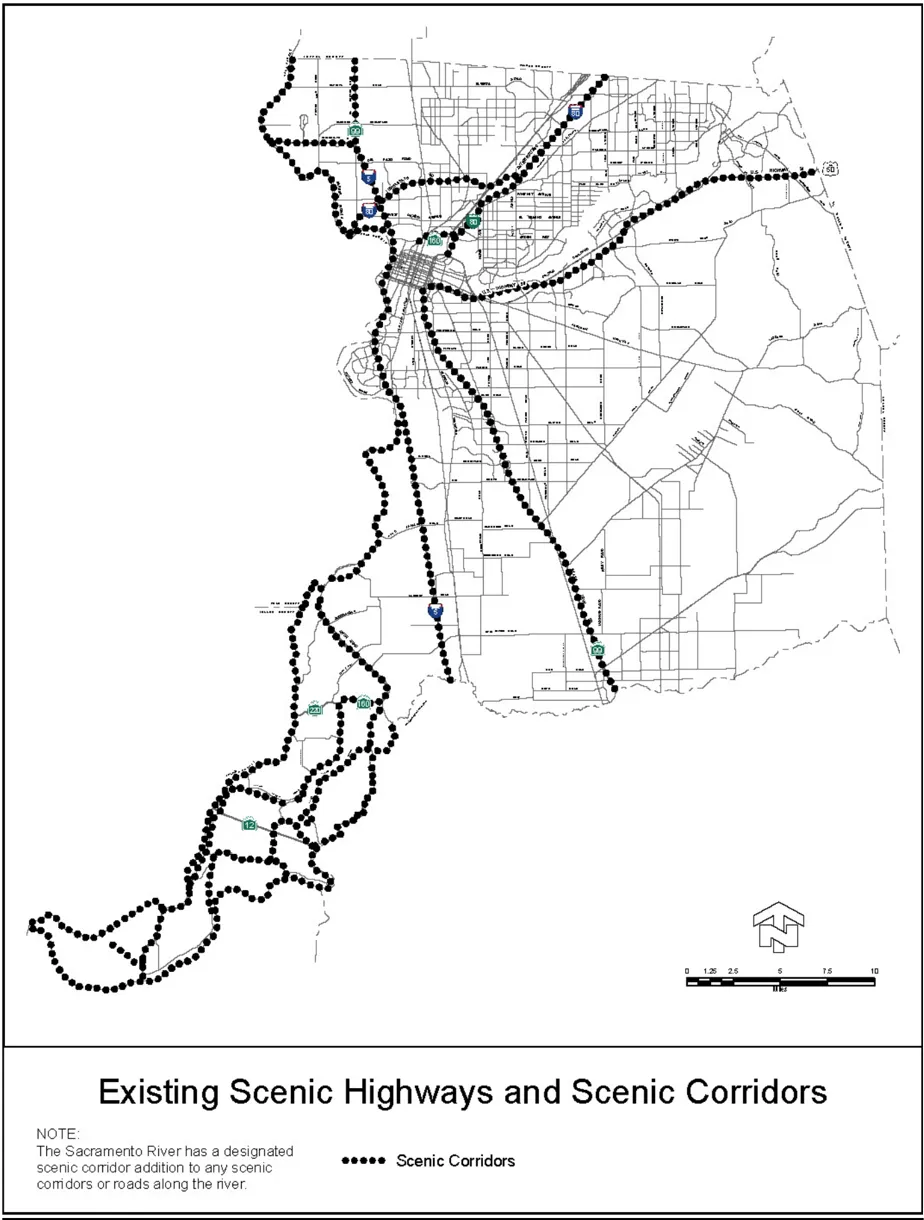 A map depicting Existing Scenic Highways and Scenic Corridors throughout Sacramento County.