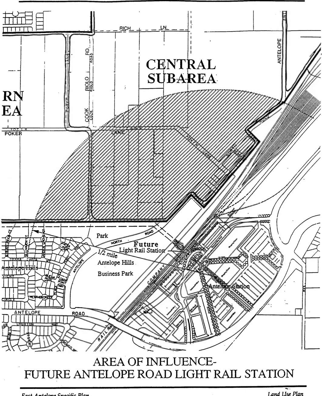 Map of proposed Antelope Road Rail Station and its one-half mile area of influence.
