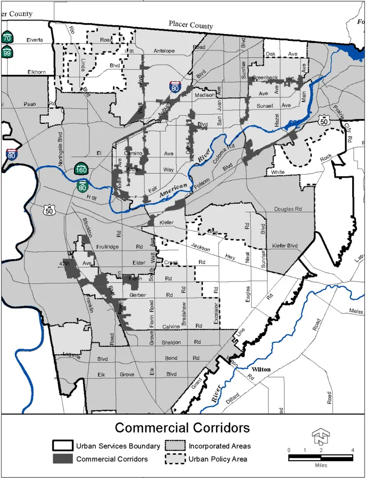A map of Commercial Corridors throughout Sacramneto County. The Commercial Corridors are shaded in dark gray.