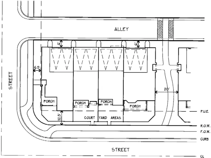 Diagram of potential attached townhouse-style units featuring porches, paseos, and court yard areas.