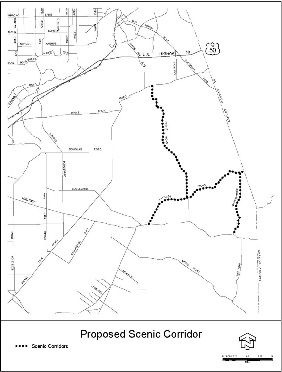 A map depicting a proposed scenic corridor zoomed in on the eastern portion of Sacramento County.