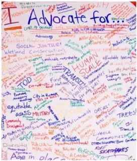 Handwritten poster of environmental justice topics.
