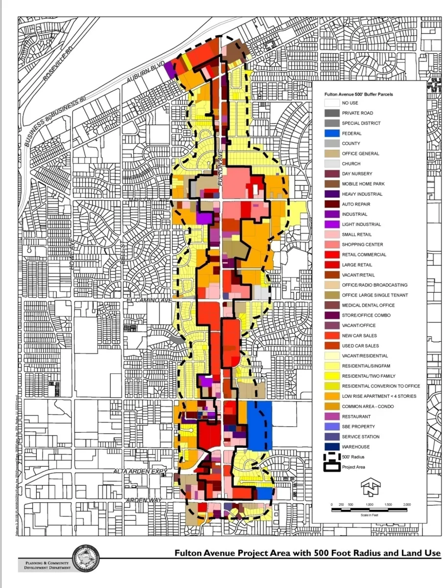 Map showing land uses within 500 feet of the Fulton Ave SPA's boundaries