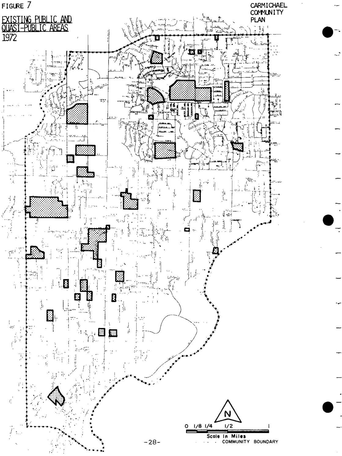 A map depicting the existing public and quasi-public areas within Carmichael.