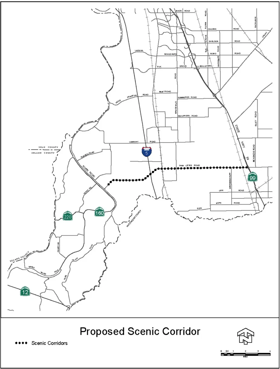An image depicting a proposed scenic corridor zoomed in on the southern portion of Sacramento County.