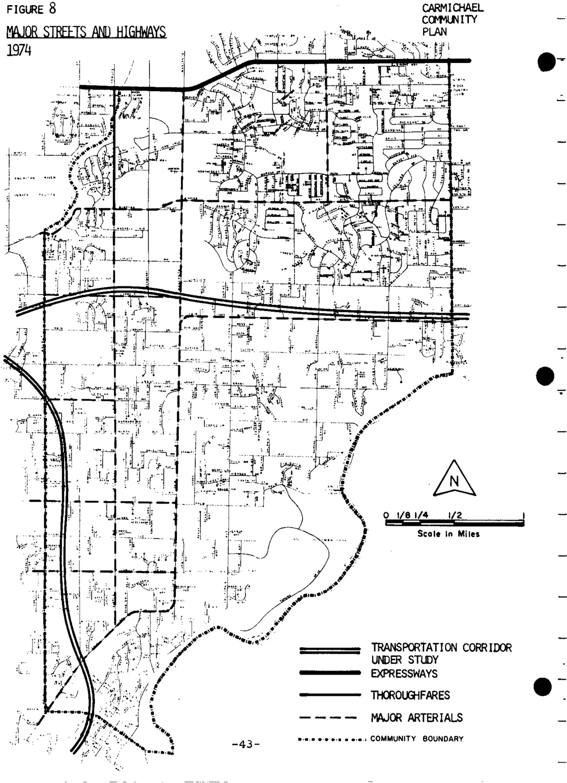 A map depicting the major streets and highways within Carmichael.
