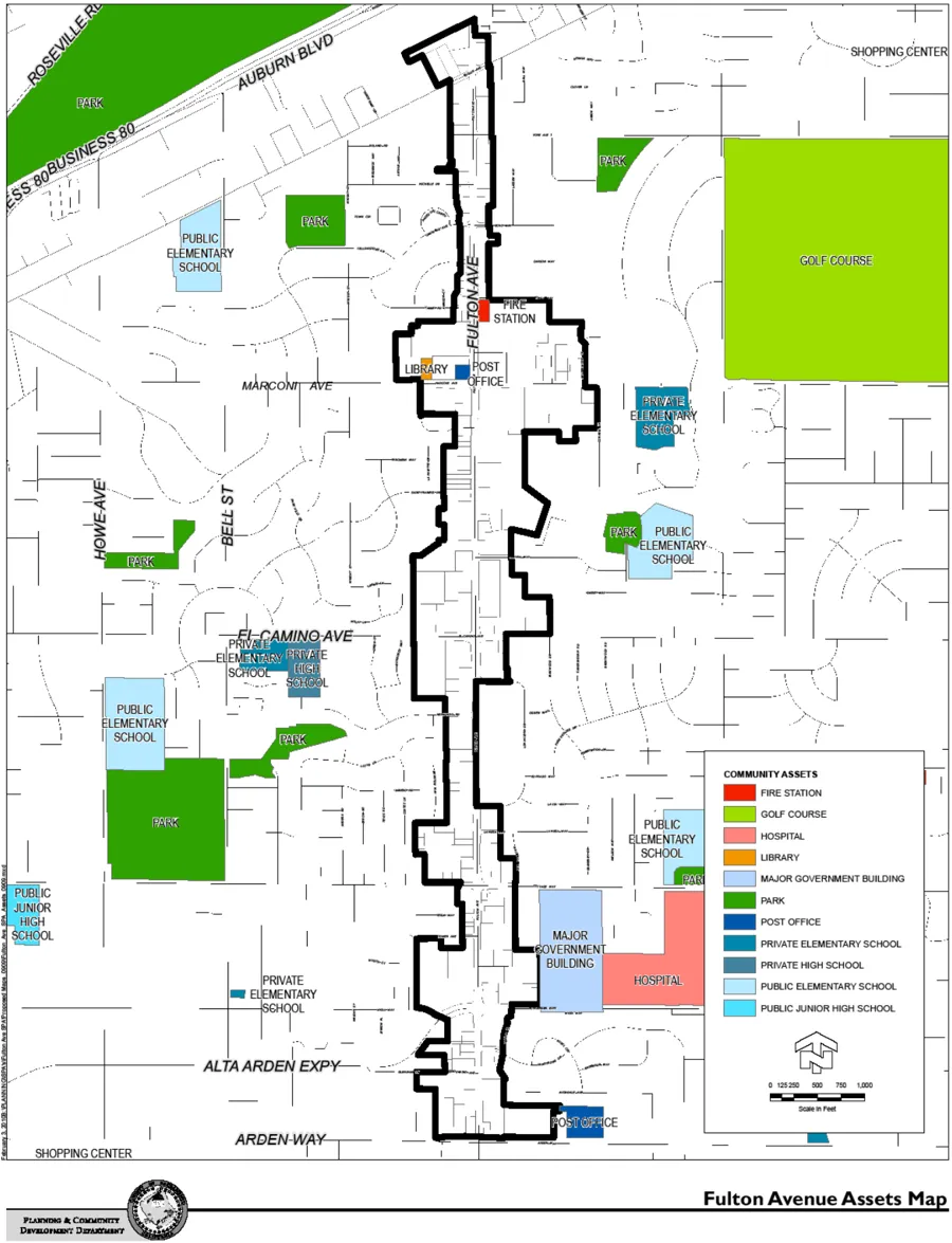 Map showing community assets around the Fulton Ave SPA Corridor