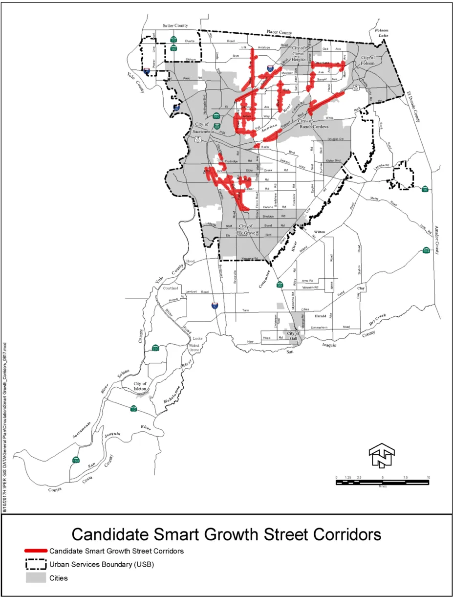 A map depicting the Smart Growth Street Corridors throughout Sacramento County.