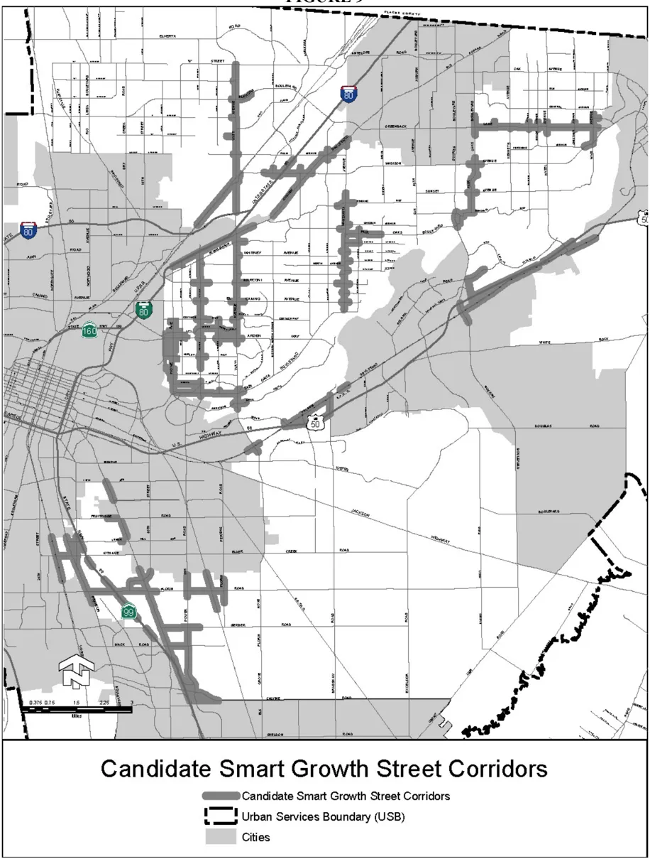 A map depicting the Candidate Smart Growth Street Corridors in Sacramento County.