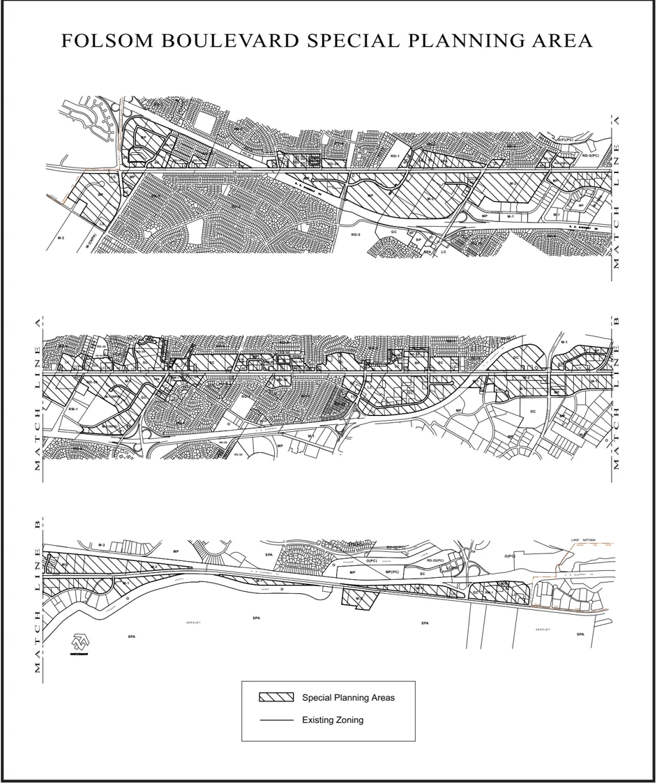 Three maps identifing the Folsom Boulevard Special Planning Area within the Cordova Commnuity.