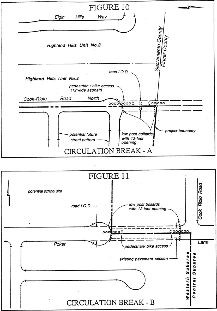 Two figures. Figure 10 shows a circulation break between Sacramento County and Placer County where pedestrian/bike access is only allowed between the two counties at Cook Riolo Road. Figure 11 shows a circulation break on Poker Lane between the more developed residential areas and agricultural-residential areas with pedestrian/bike access able to go around the traffic break.