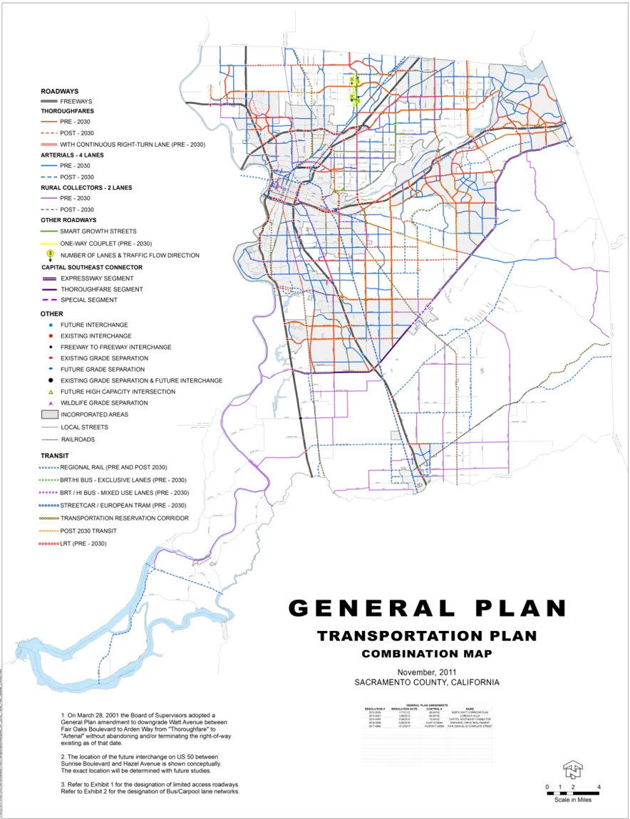 A map depicting the full General Plan Transportation Plan Combination Map for Sacramento County.