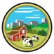 A drawing of cows lying in front of a barn against a city backdrop.