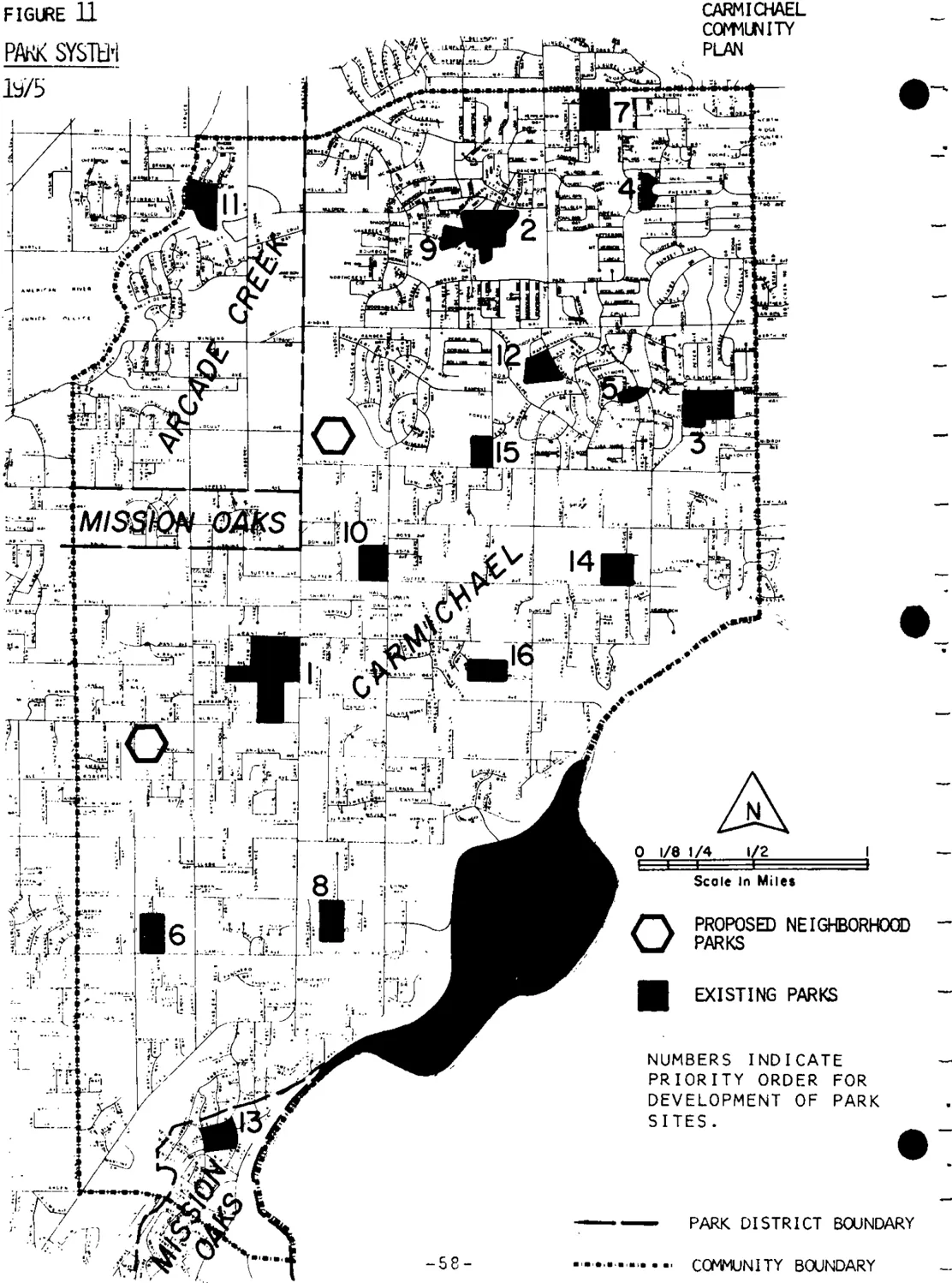 Map of Carmichael depicting the park sites under public ownership, numbered in order of priority for development.