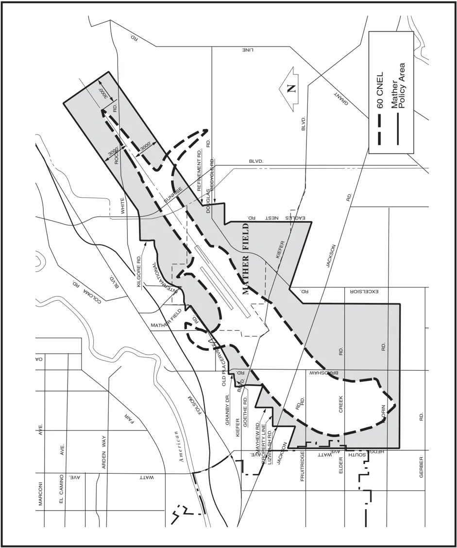 A map depicting the Mather Airport Policy Area.