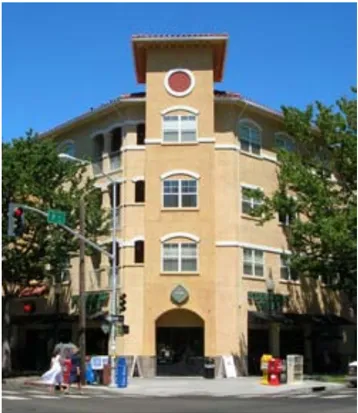 A building  optimizing corner parcels by having an attractive corner-facing facade.