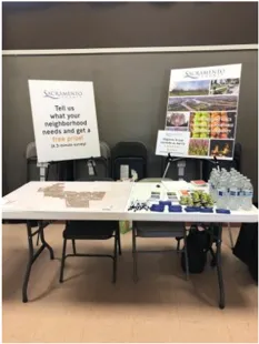 Sacramento County booth at a community event with poster boards and a table with refreshments.