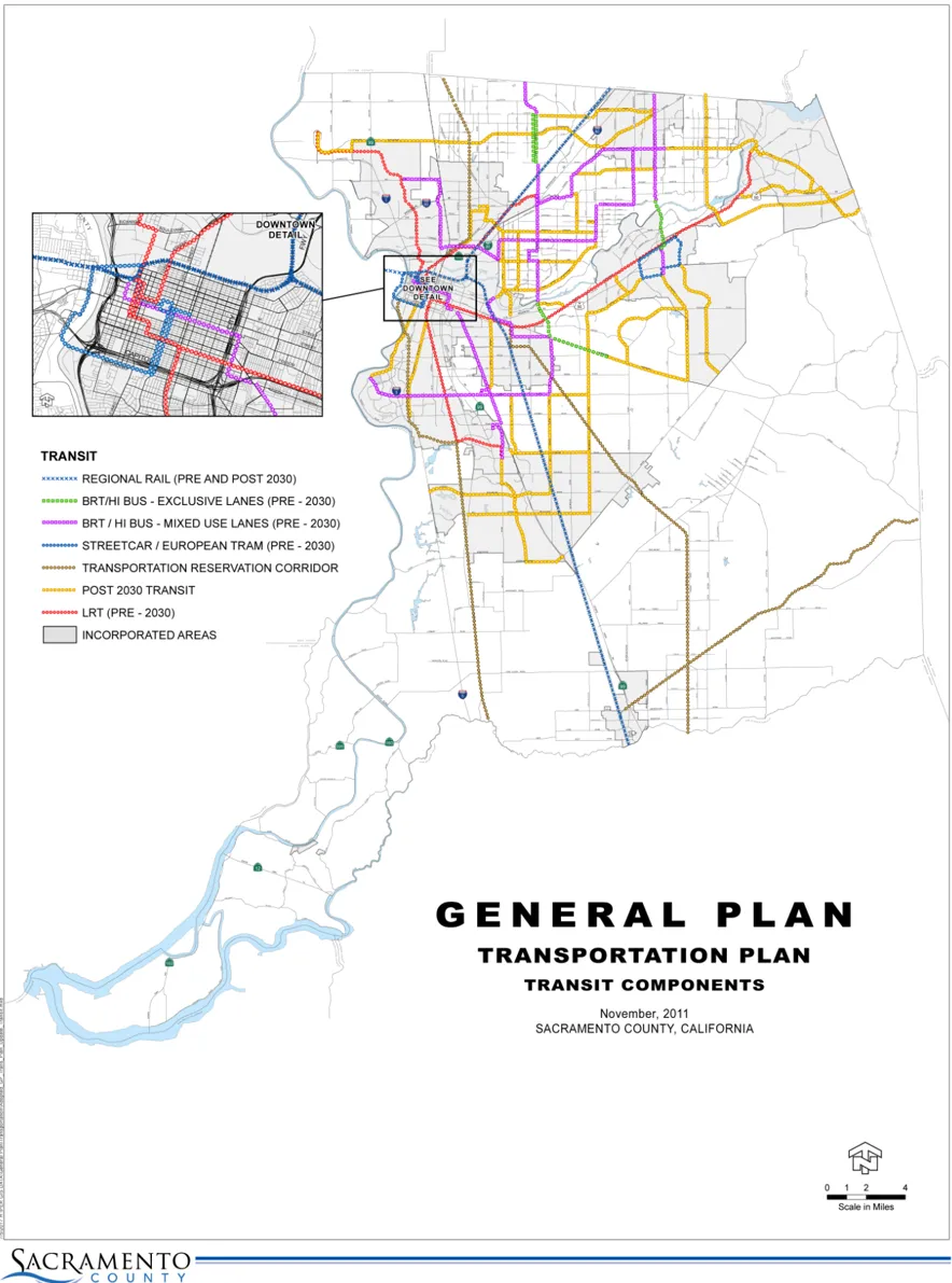 A map depicting the transit components of the Transportation Plan throughout Sacramento County.