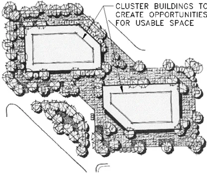 Cluster buildings with appropriate equivalent or similar massing.
