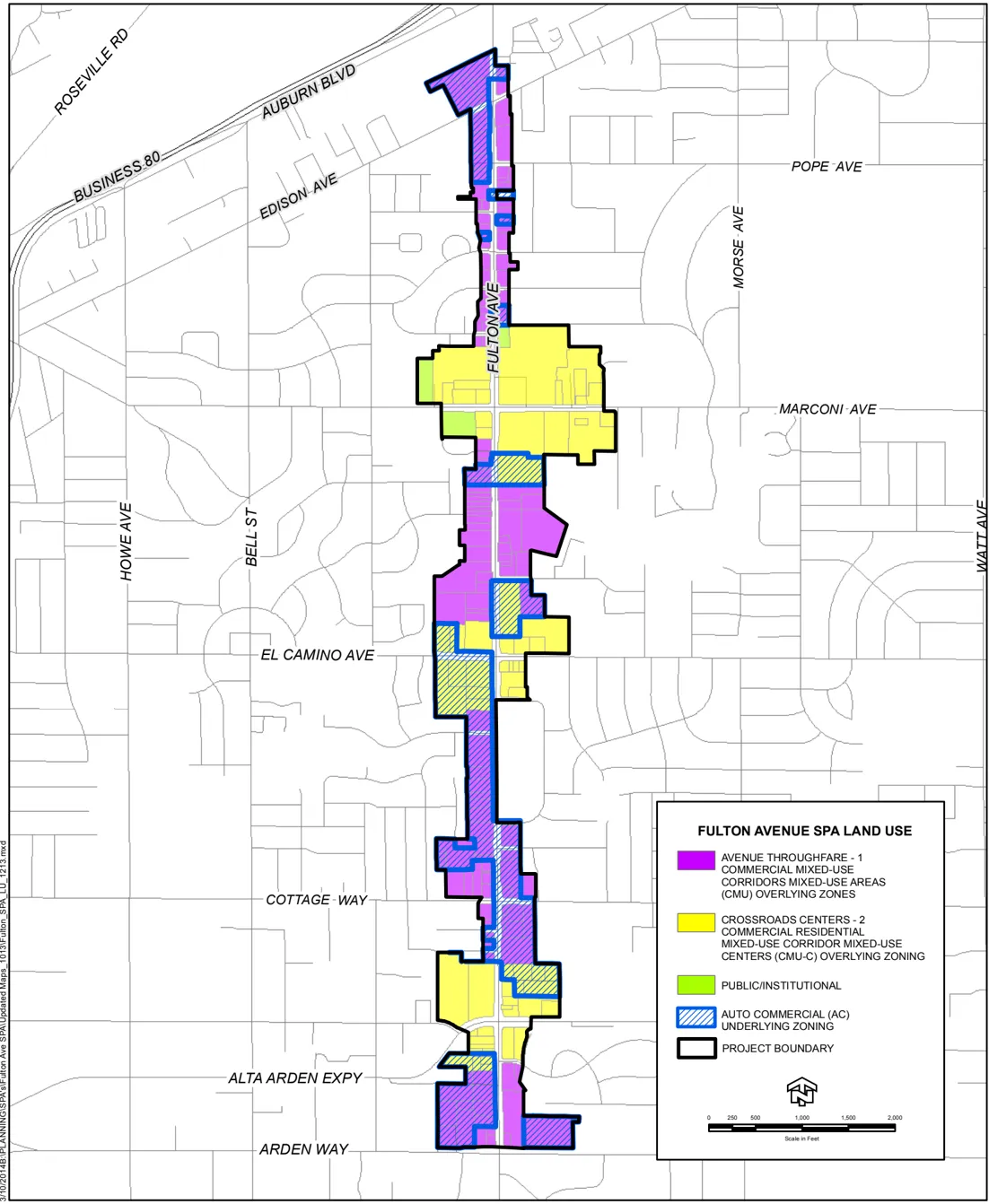 Map of the land use designations of the Fulton Avenue SPA, including the CMU-C and CMU-A zones, along with those zones with underlying Auto Commercial zoning.