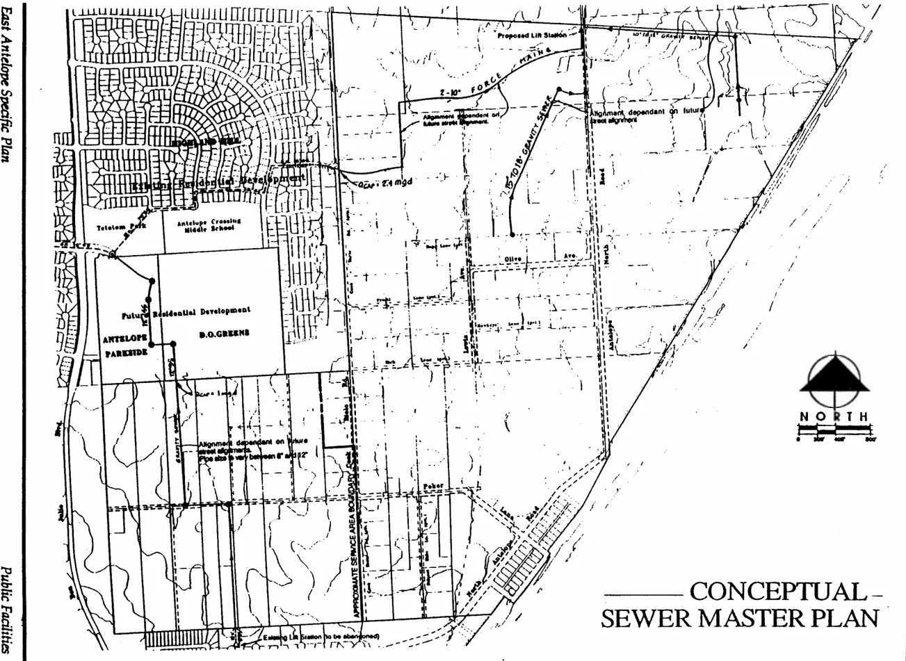 Conceptual Sewer Master Plan in the Specific Plan Area showing connections to existing and proposed development.