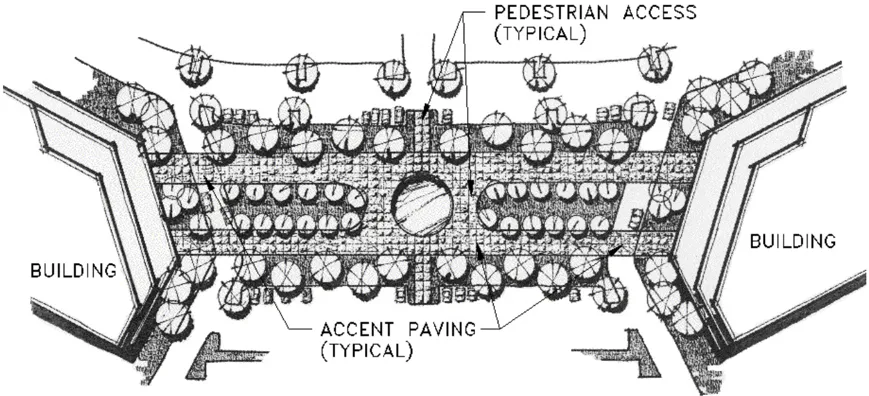 Diagram of a shopping center plaza wih several features, trees, and circulation to surrounding buildings.