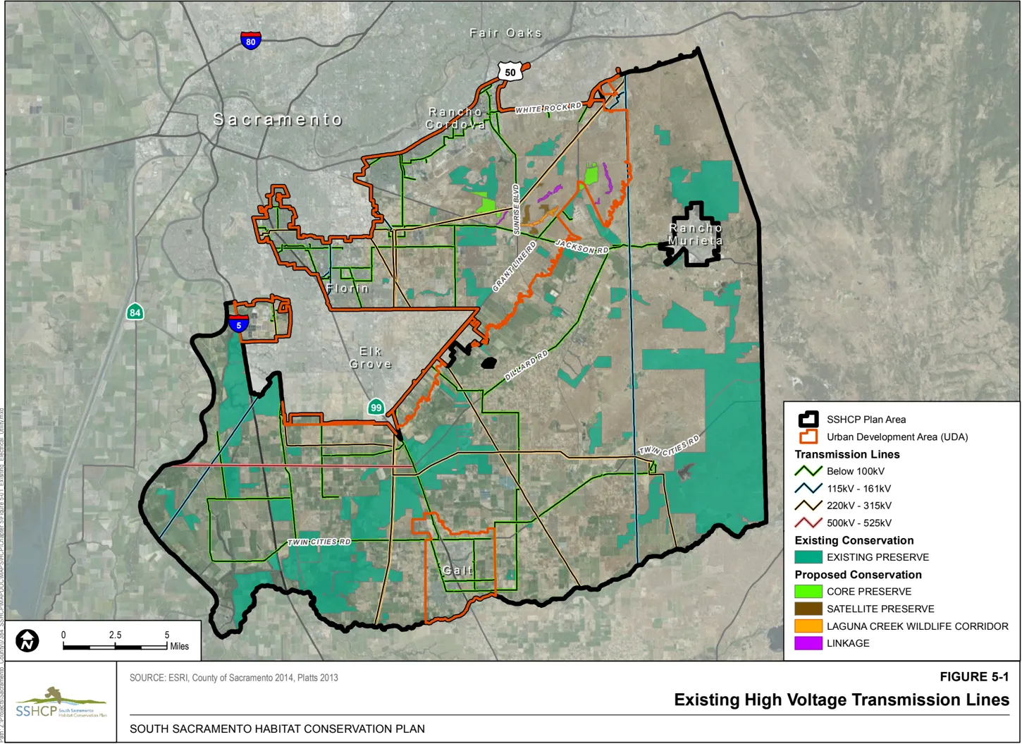 Map of Sacramento County showing the Existing High Voltage Transmission Lines