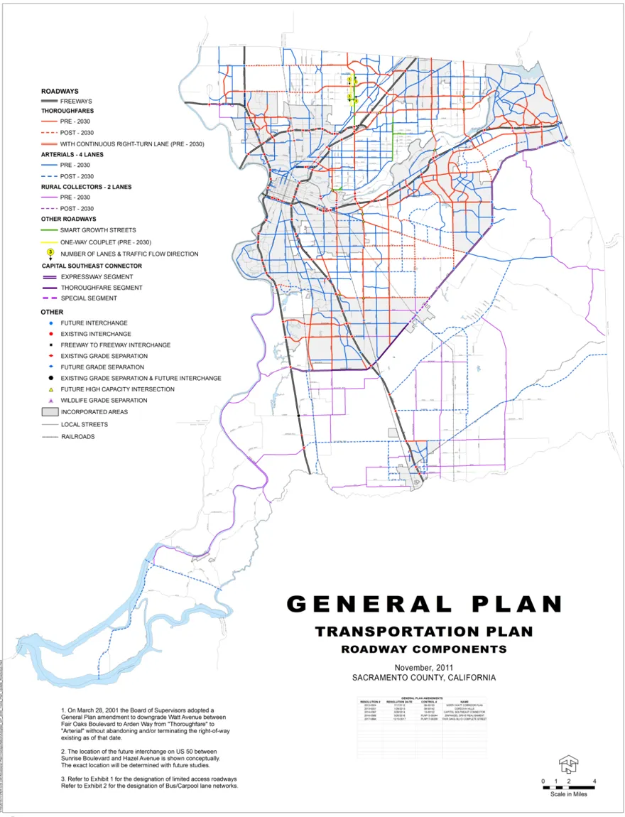 A map depicting the General Plan Transportation Plan Roadway Components throughout Sacramento County.
